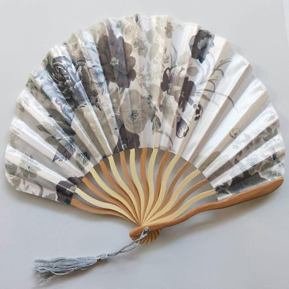 Hand Fan Folding, Grey Hand Held Fans Fashion Flower Handmade Silk Bamboo Fan With Tassel
