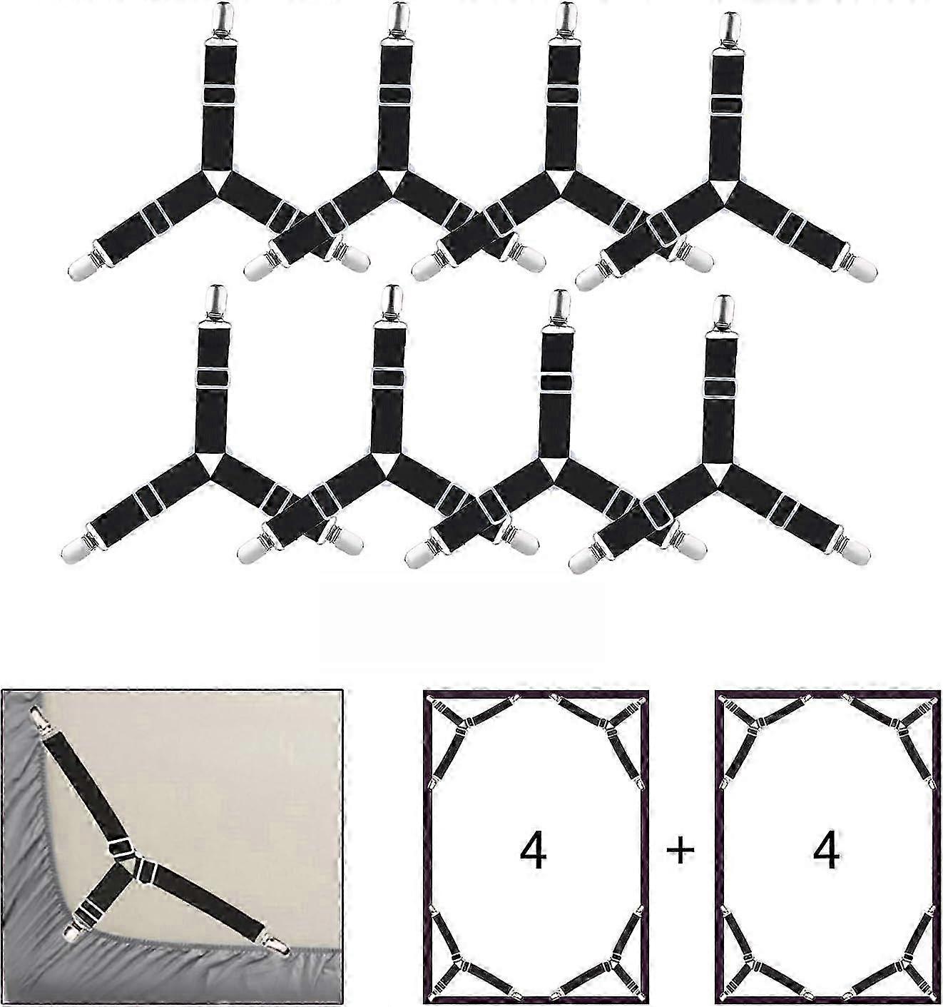 8 pieces bed sheet clips, adjustable elastic triangle support straps for fitted sheet and flat she p