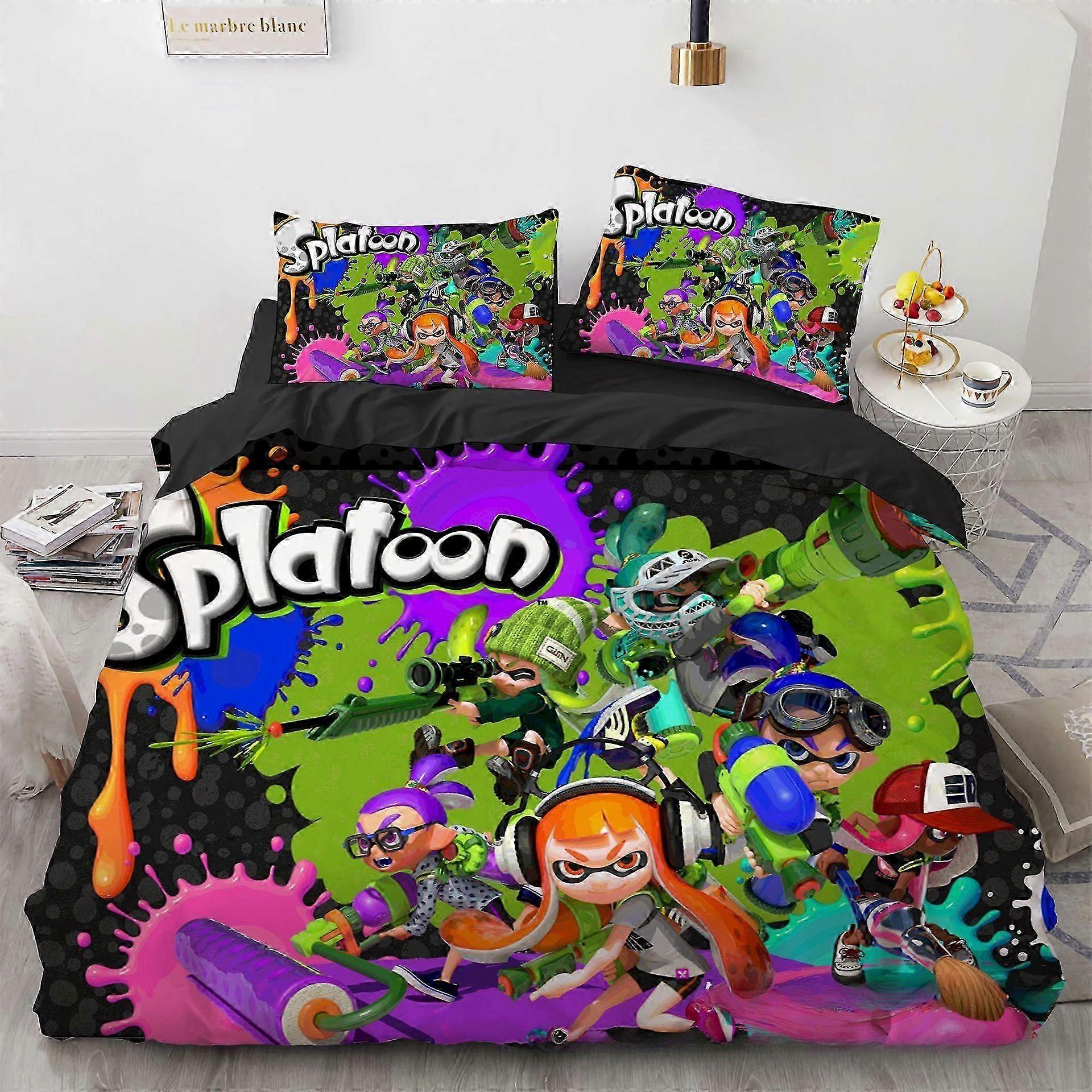 סט מצעים מסוגנן לילדות הכולל הדפסים בהשראת Splatoon, כיסוי שמיכת פוך אנימה אלגנטי וסט שמיכה, מצעים מלאים 3 חלקים