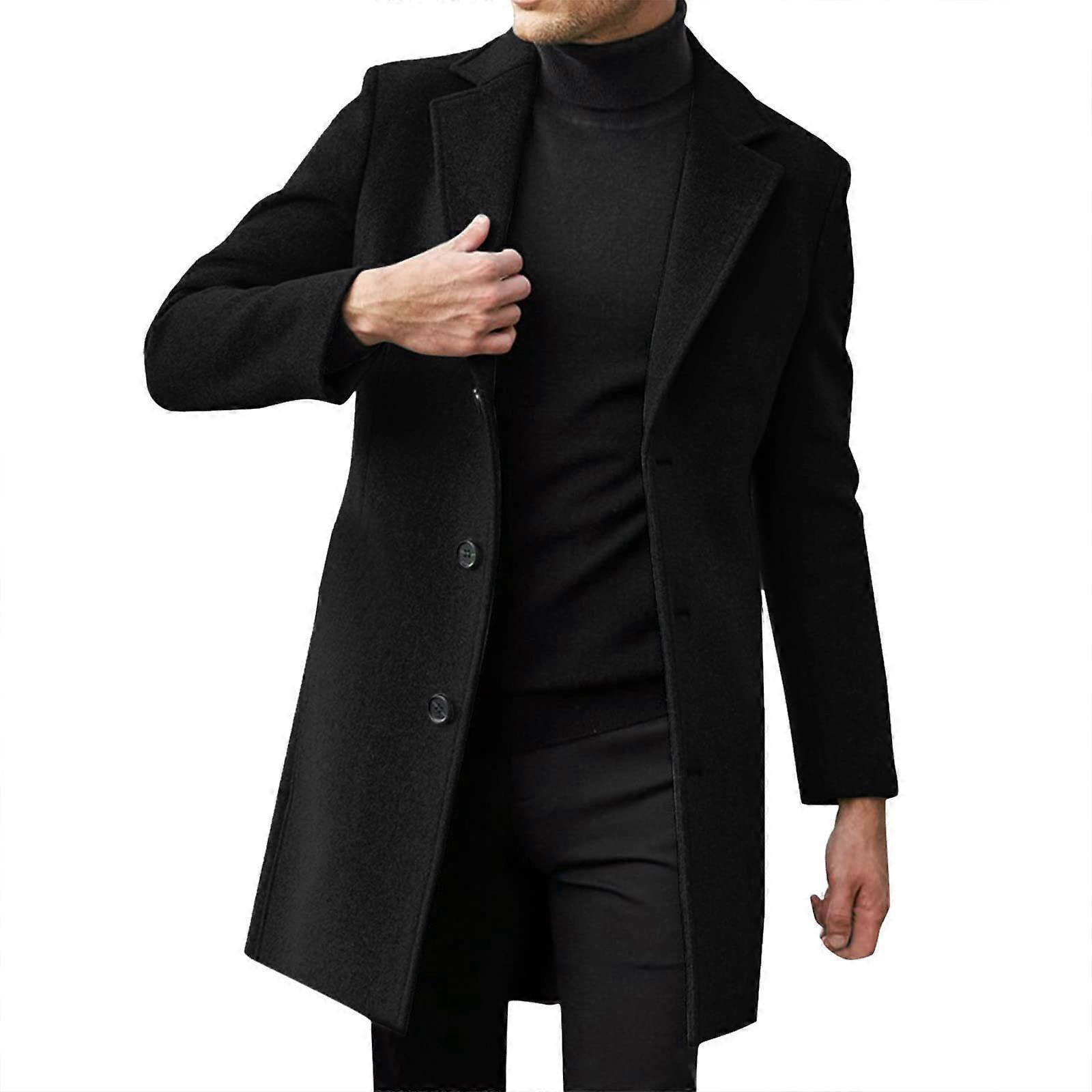 Men's Long Slim Fit Wool Coat Winter Trench Jacket Notch Collar Button Placket Business Outwear Black Size L