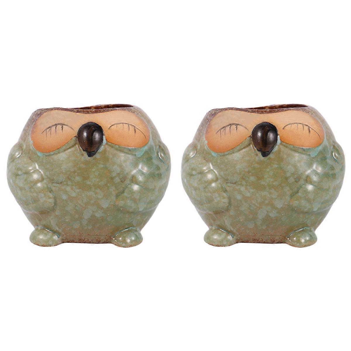 Ceramic Owl Planter Pot Durable Seeding Nursery 2Pcs Green 8x8x7cm