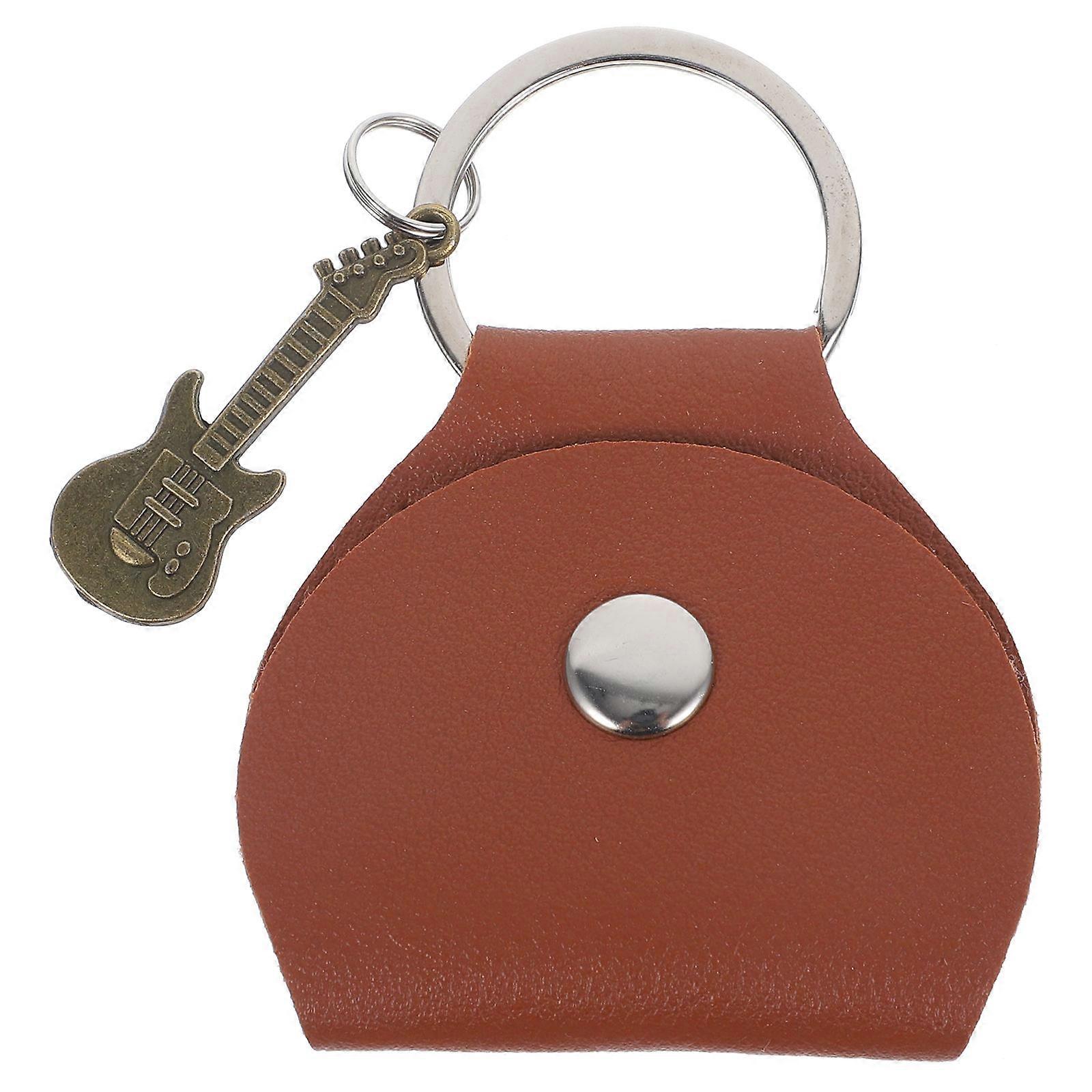 Guitar Plectrums Bag Case Keychain Pendant with Guitar Pendant Decor Brown Rectangular Daily Carry Storage for String Instrument Beginners 1Pcs