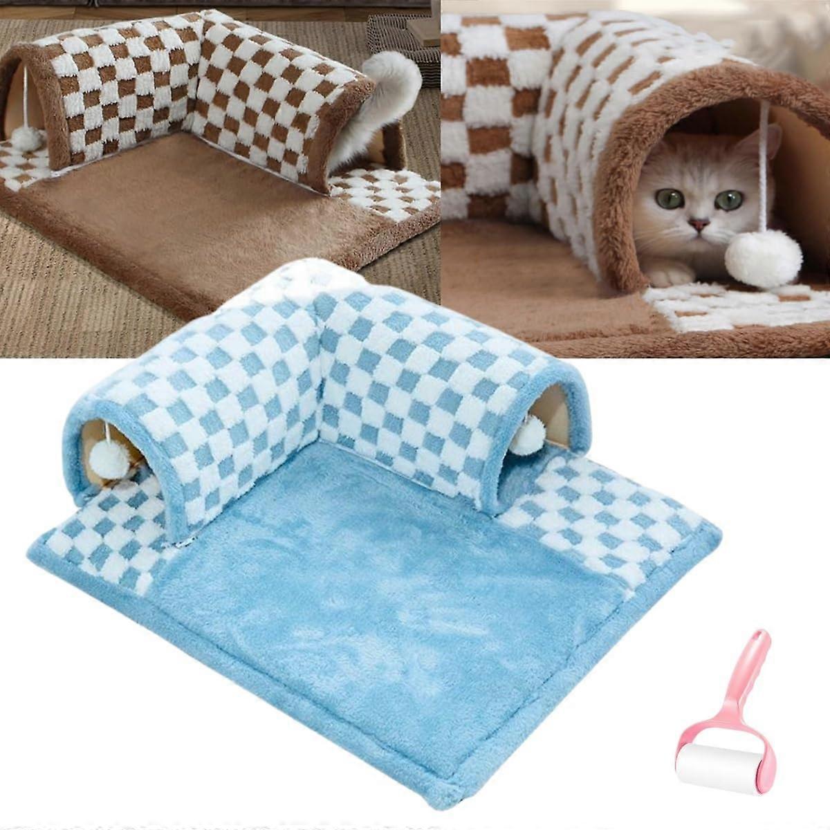 Cat Tunnel Bed 2-in-1 Removable Washable Plush Cave with Hanging Toy Balls for Cats Blue L Cozy Fluffy Checked Design