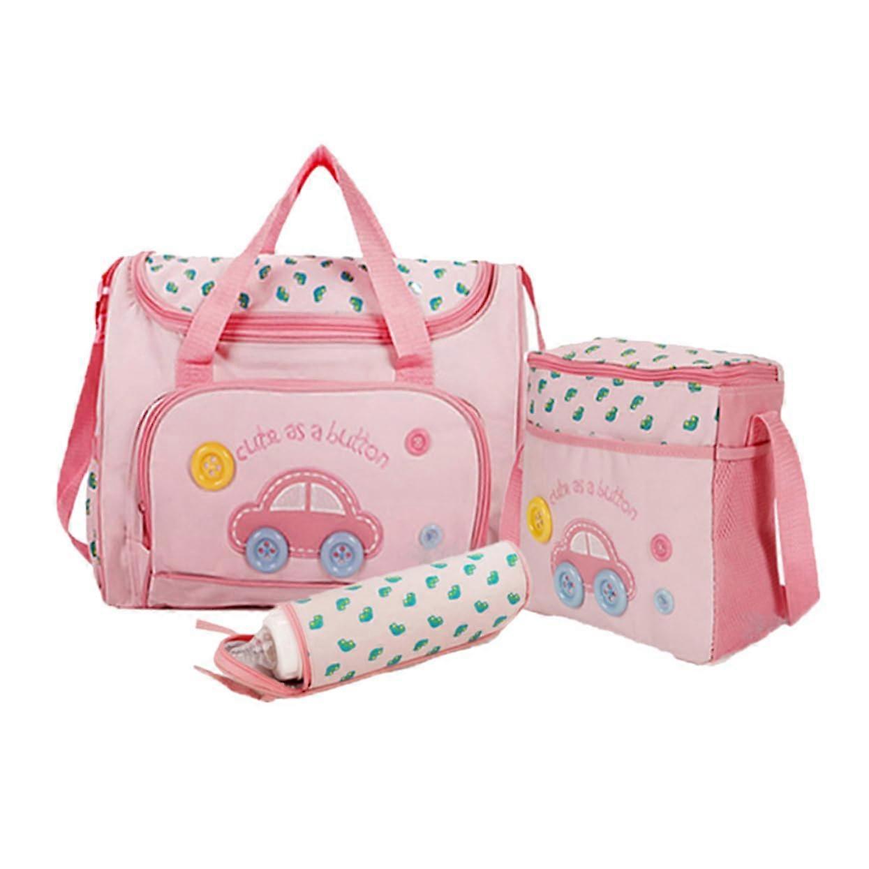 4in1 Multifunctional Car Pattern Diaper Bag with Changing Mat, Pink