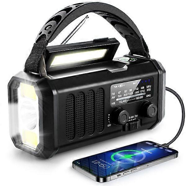 Emergency radio with crank, 10000mAh emergency radio, solar radio AM/FM weather radio, USB Type-C charging, flashlight and LED reading light