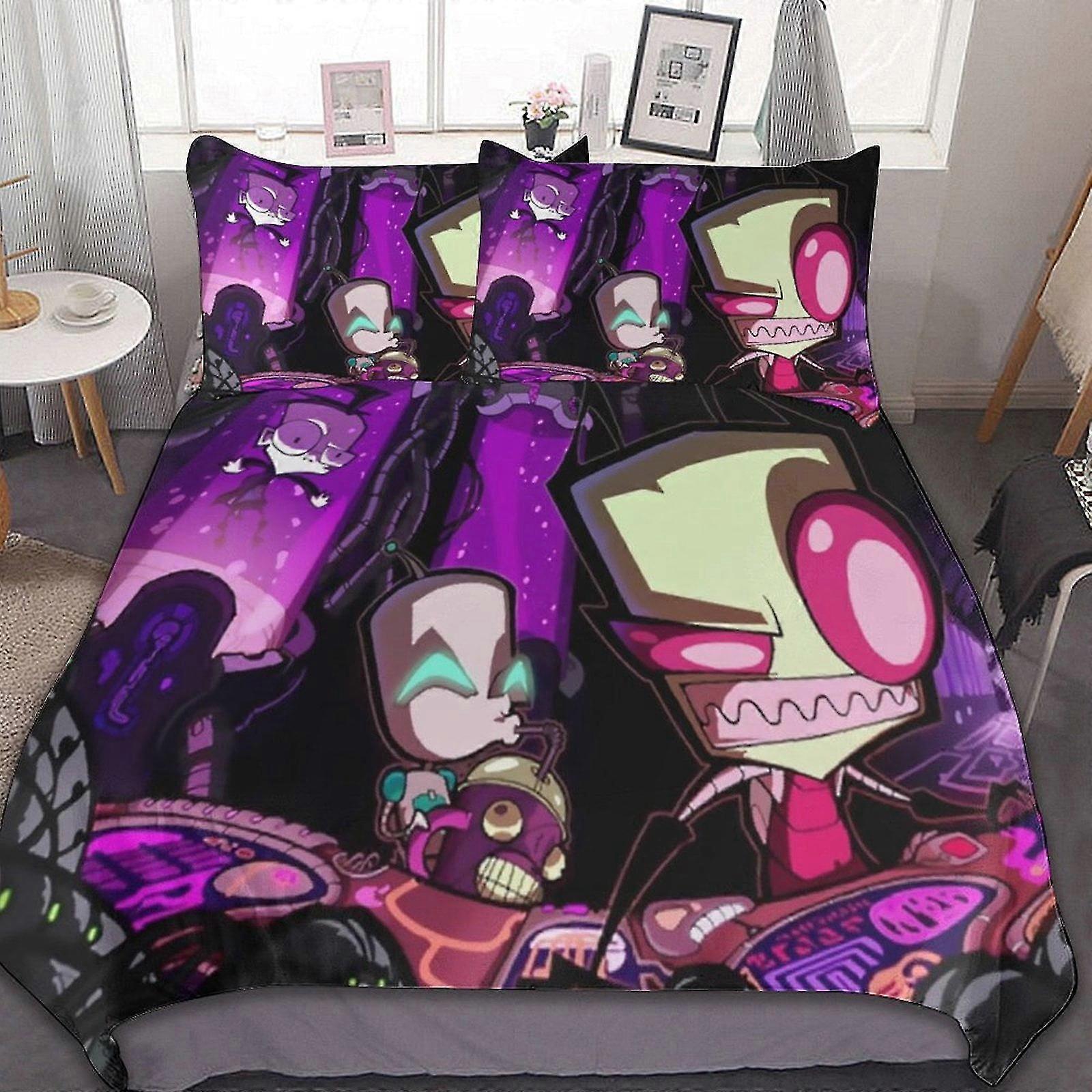 Conjuntos de cama de desenho animado de 3 peças para estilo Invader Zim com 1 capa de edredom e 2 fronhas, presentes macios e confortáveis para decoração de quarto