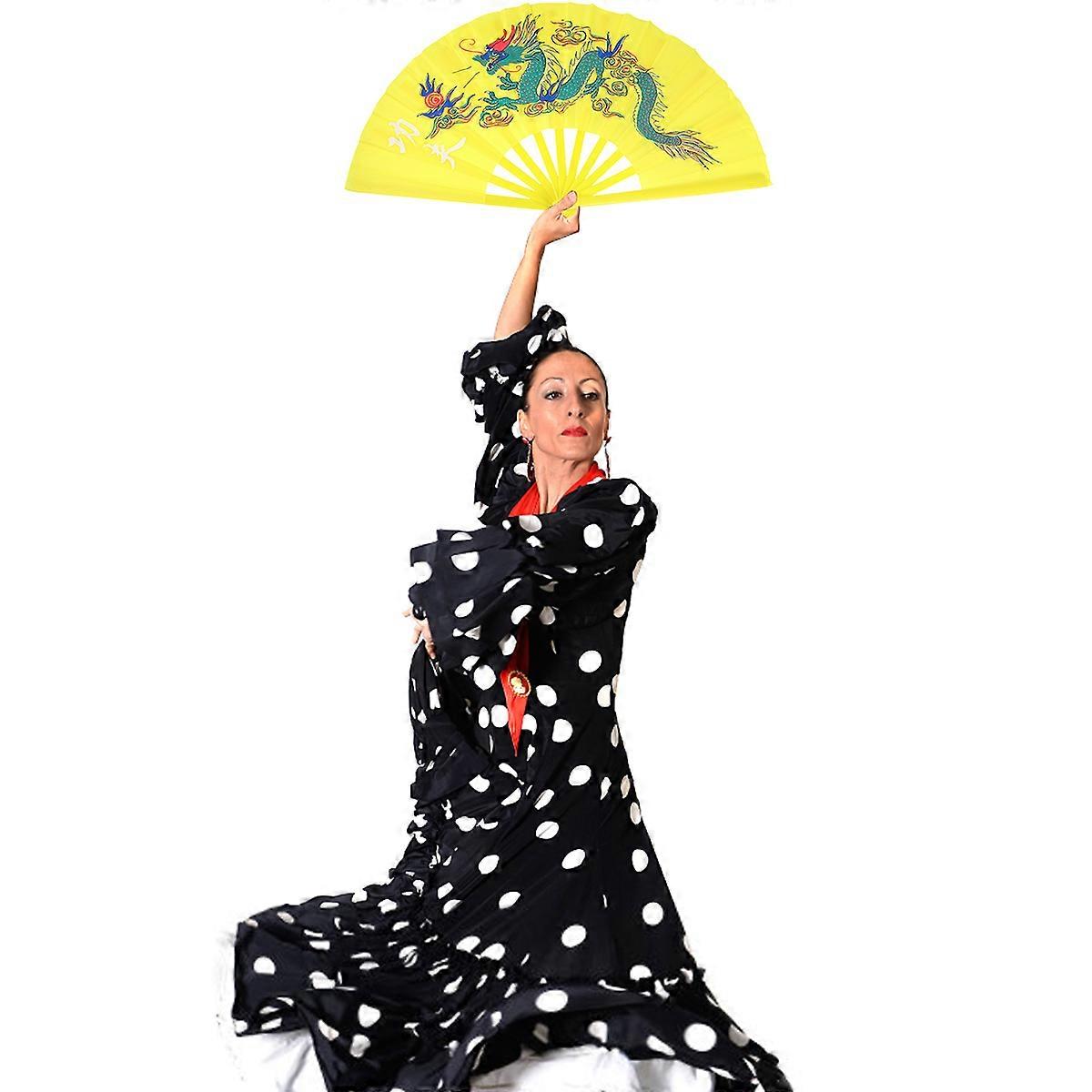 Yellow Plastic Kungfu Fan for Martial Arts, Taichi Dance & Wushu Training – Lightweight Handheld Fan with Smooth Hinge for Performance and Decoration