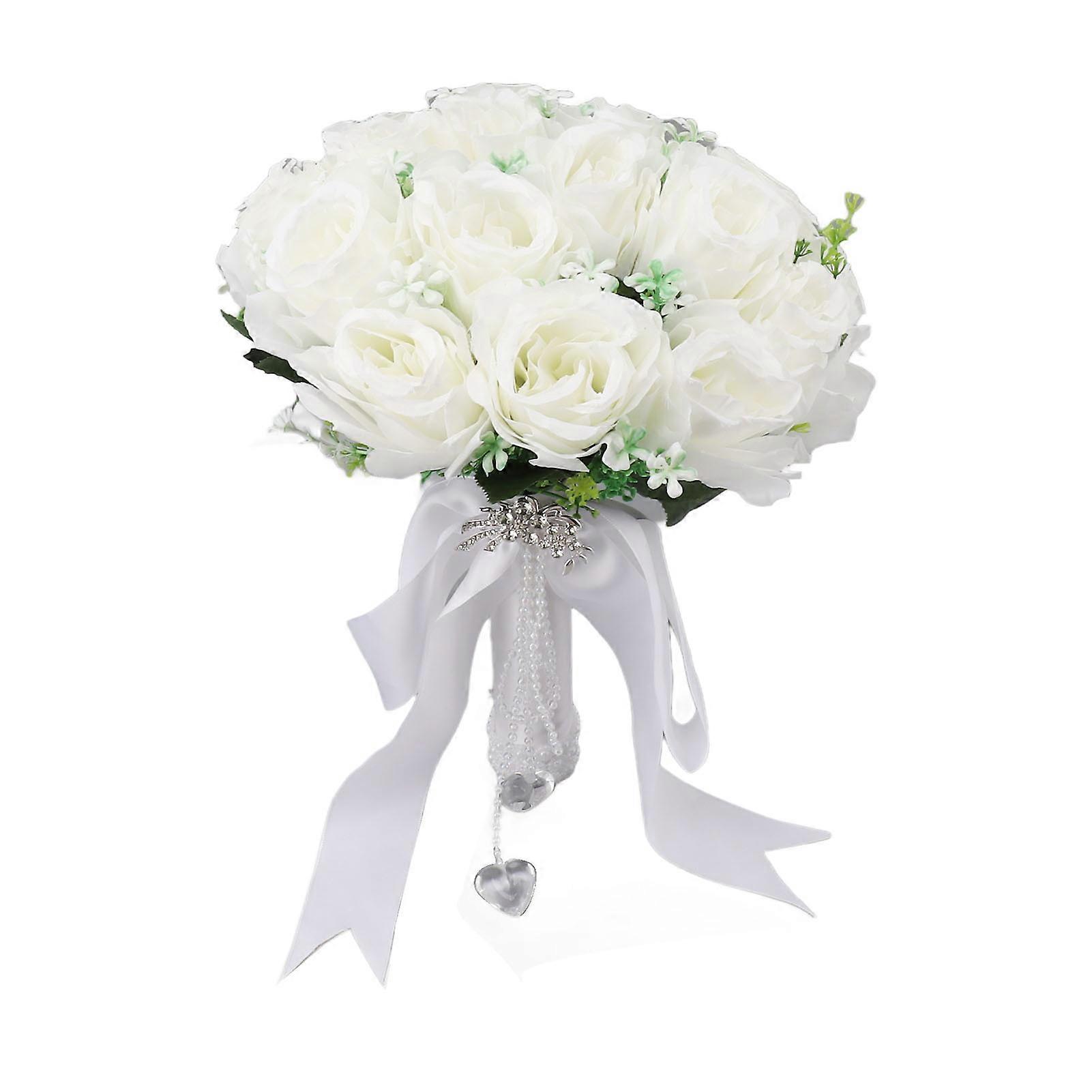 Wedding White Bridal Artificial Flowers Fake Pearl Crystal Hand Bouquet for Wedding Photography