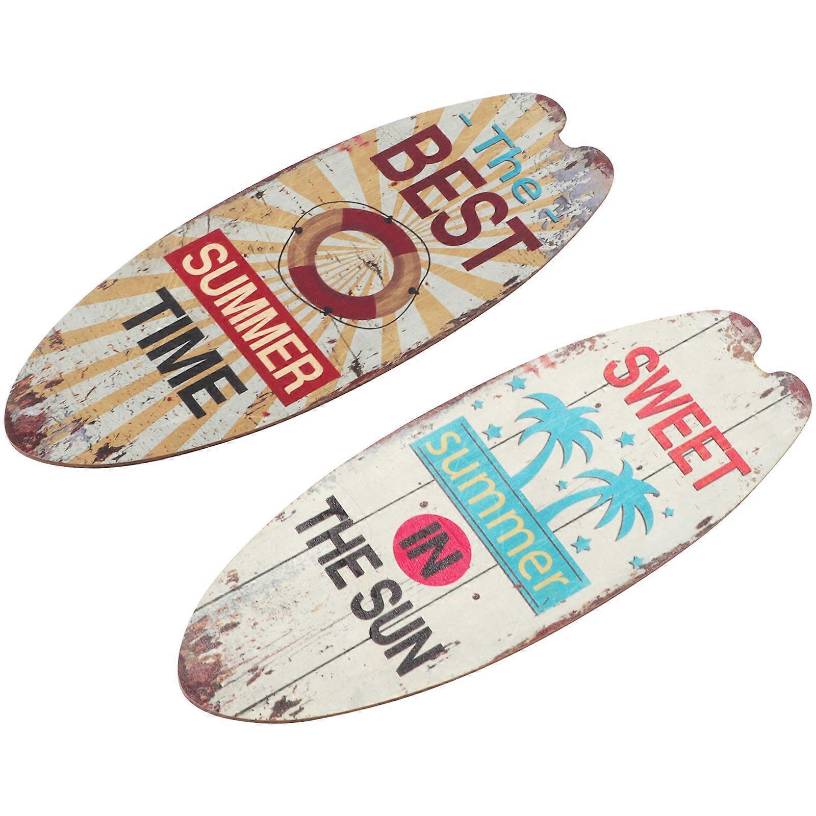 Wooden Surfboard Hanging Plaque, Tropical Beach Wall Decor for Home Office, 2pcs Set for Shelf Cabinet Desk Decoration