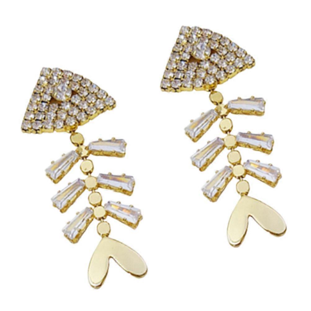 Elegant Fish Bone Shape Zircon Earrings 1Pair Irregular Ear Studs For Women Casual Wear Minimalist Golden Color Design