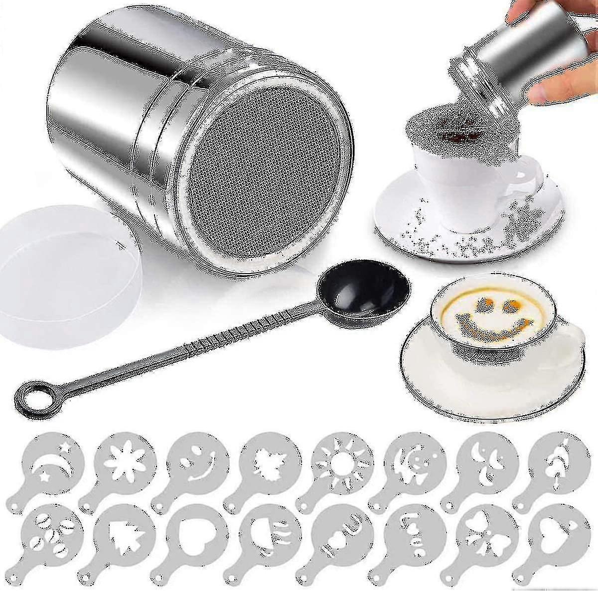 High Quality Stainless Steel Cocoa Shaker, Icing Sugar Shaker, Cocoa Shaker With Lid And 16 Coffee Cappuccino Templates For Cocoa Powder, Chocolate