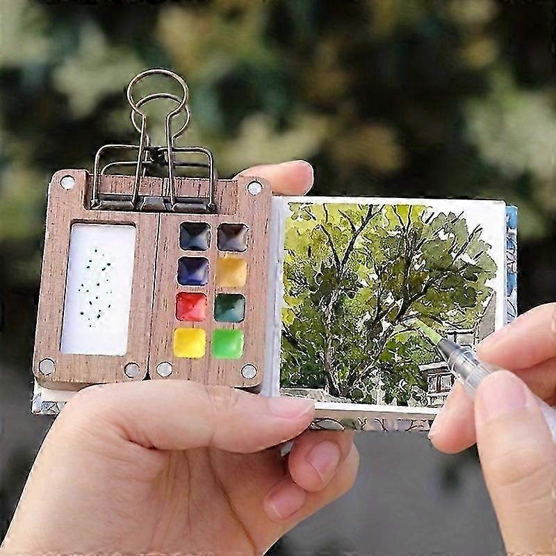 Mini Watercolor Paint Box Walnut Box Portable Drawing Book Paint Dispenser Box 8 Compartments