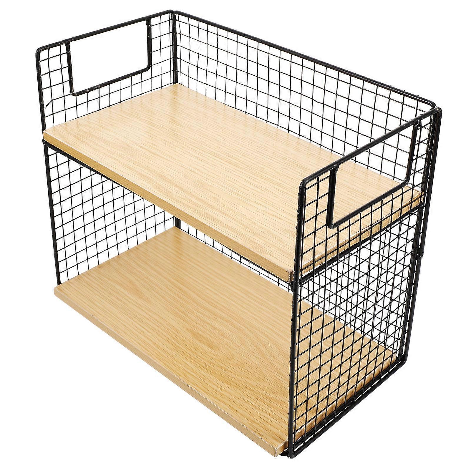 Wood Desktop Shelf with Metal Frame for Kitchen Countertop 1 Set Cup and Seasoning Storage Rack