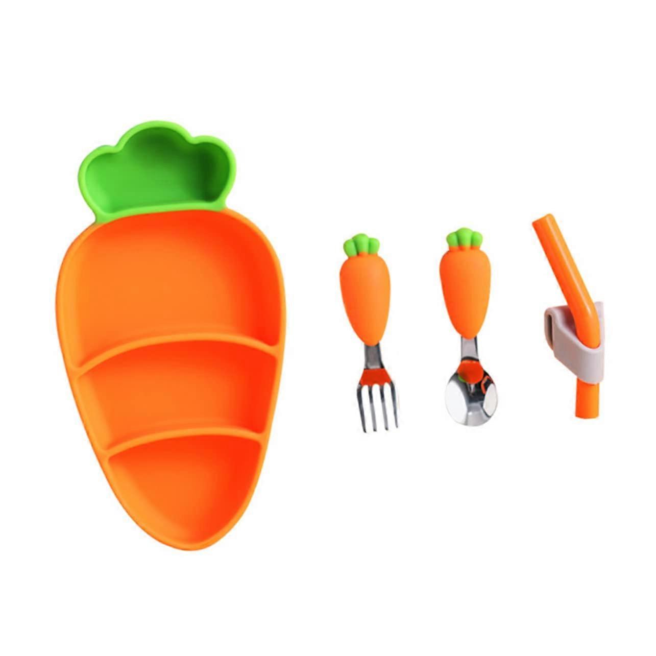 1 Set Carrot Cutlery Set Silicone Plate Spoon Fork Straw for Boy Girl Ergonomic Design for Easy Comfortable Feeding Utensils for Weaning
