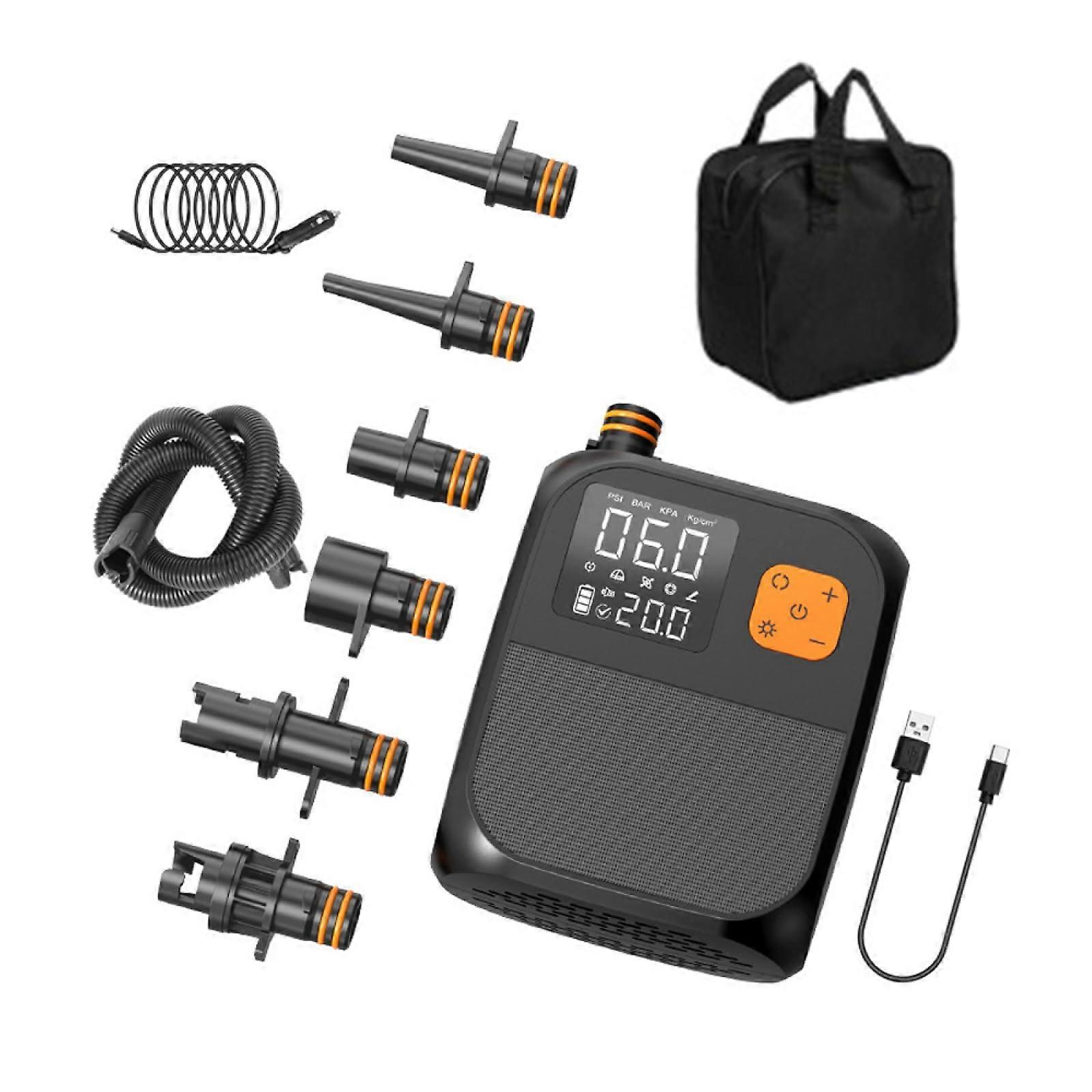 Portable Electric Paddle Pump 25PSI High Pressure Compressor with 6 Nozzles and LED Light for Inflatable Boats and Paddle Boards