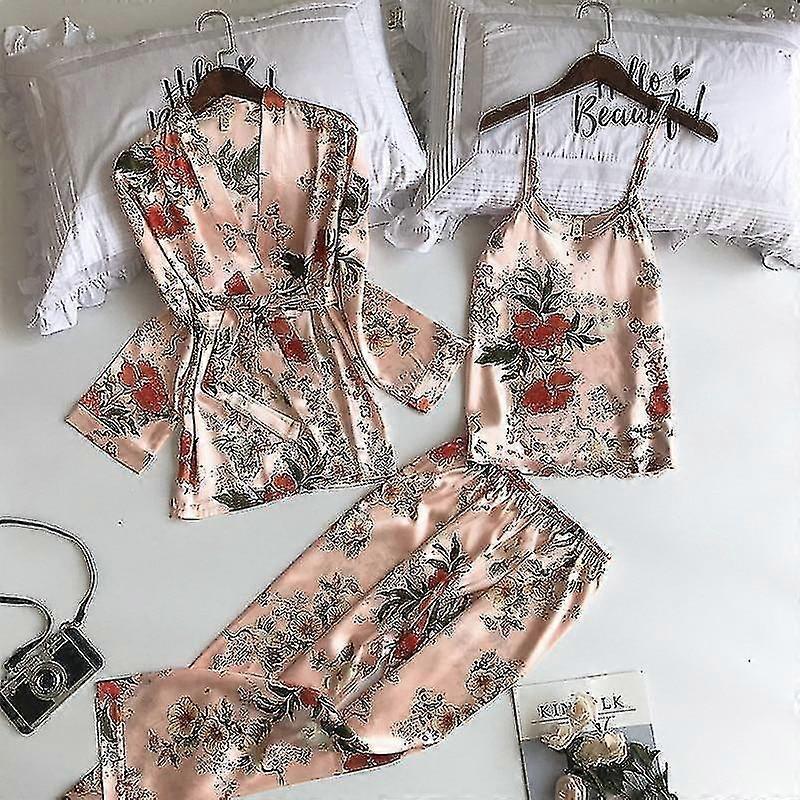 Spa Quality Print Robe with Spaghetti Straps & Cardigan Top & Pants Set for Women