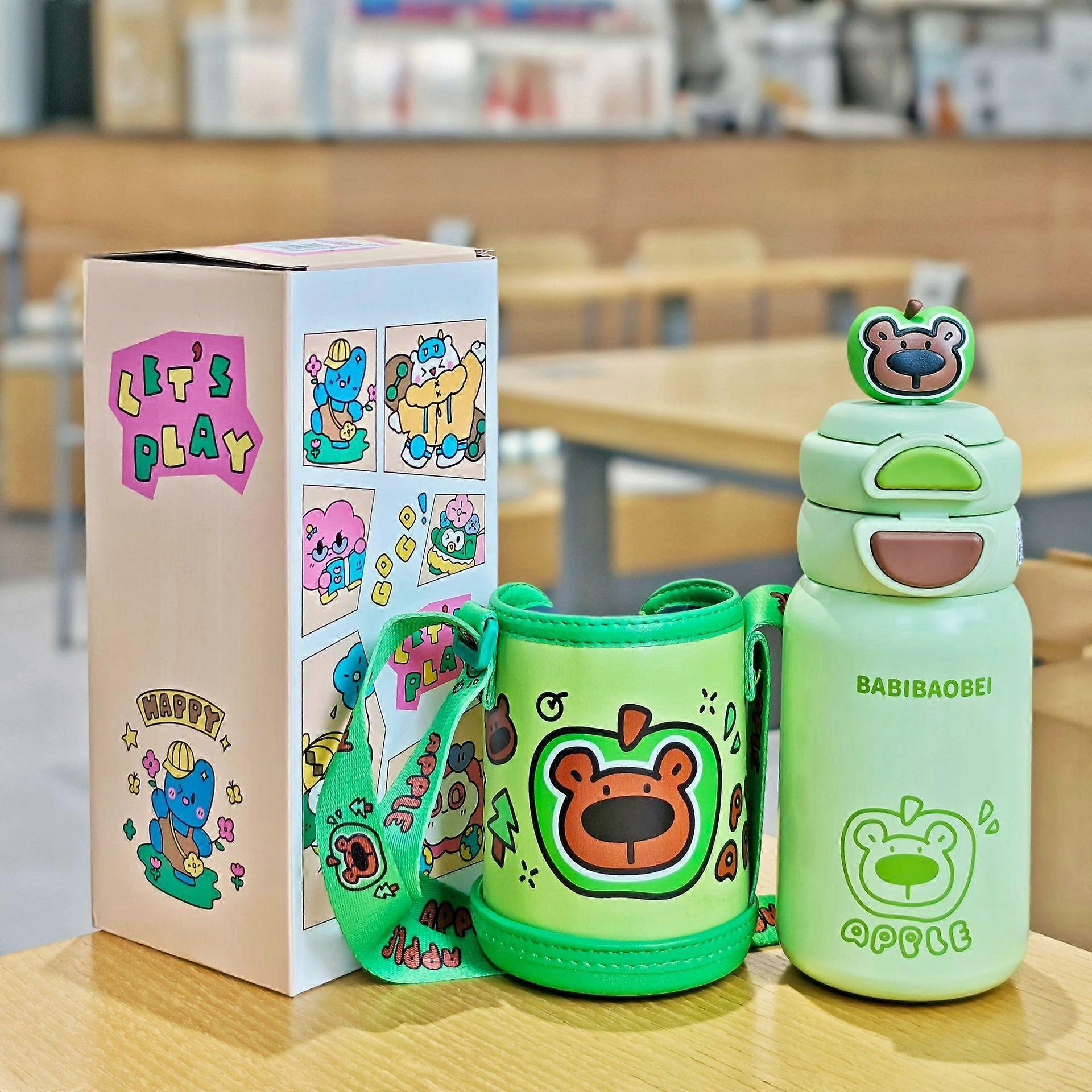 Cute cartoon doll thermos cup with one-touch flip lid and straw, double drinking cup, stainless steel vacuum water cup, student cup