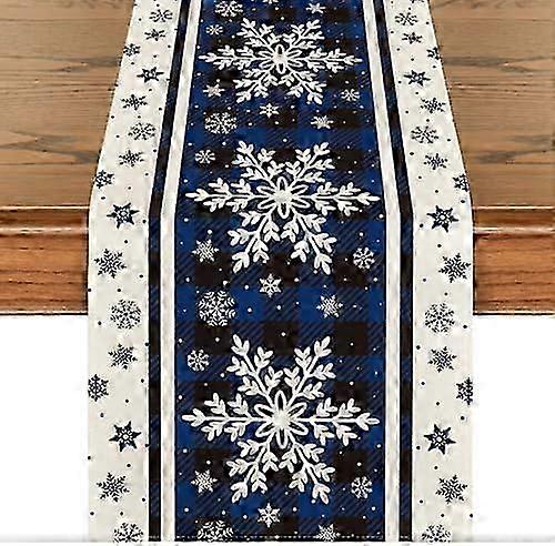 Buffalo Plaid Snowflakes Blue Christmas Table Runner, Seasonal Winter Kitchen Dining Table Decoration for Home Party Decor 13x36 Inch