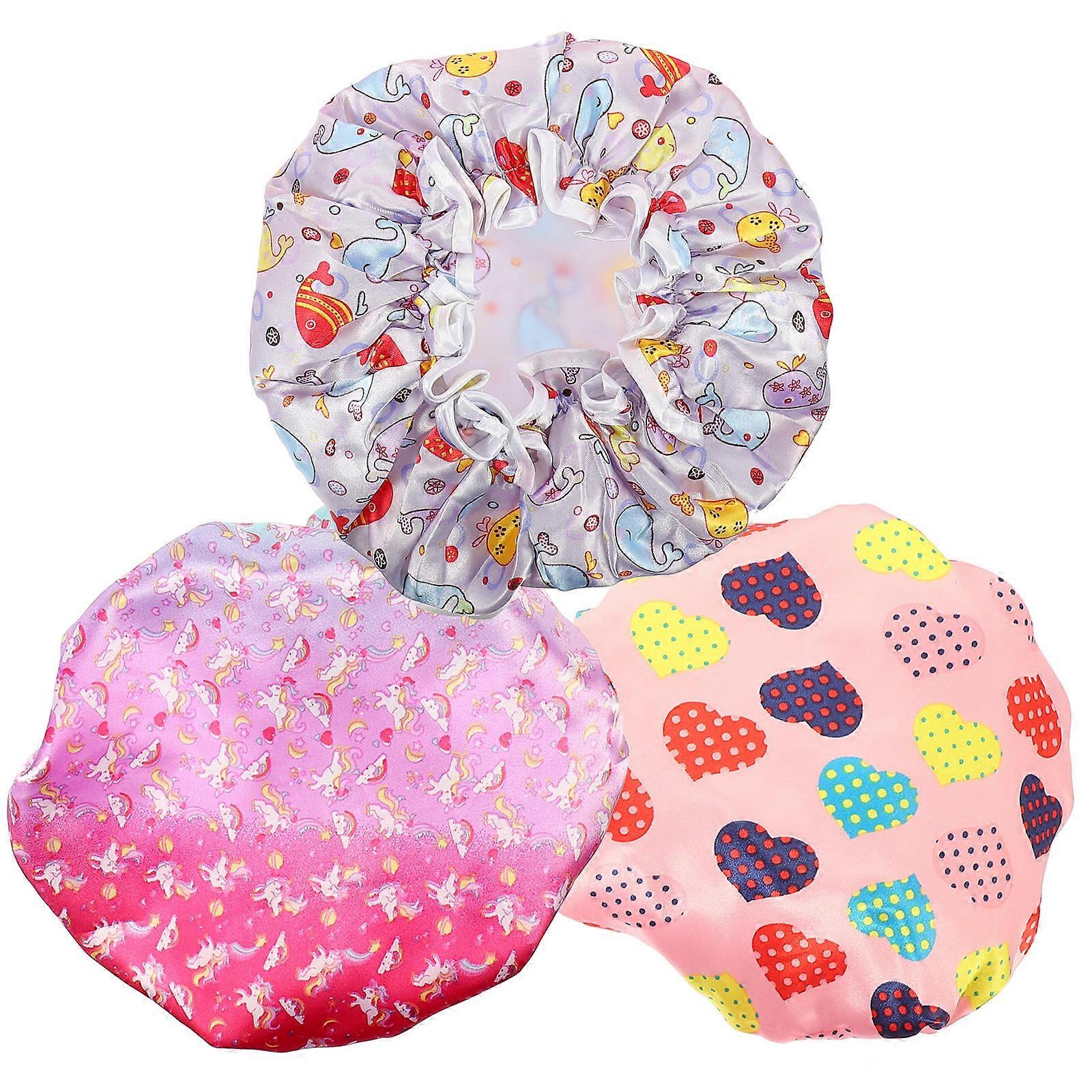 Kids Shower Cap Bathing Home Use Multi Satin Washable 3Pack