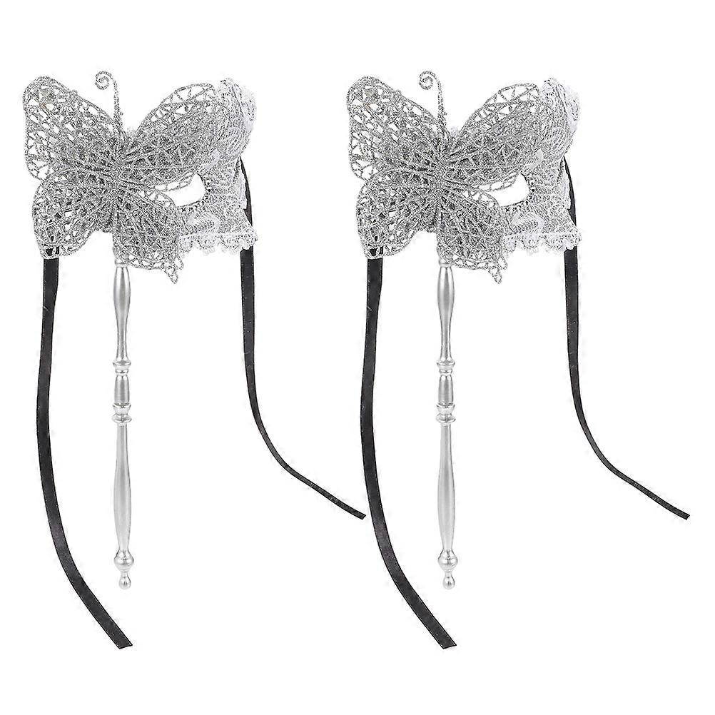 Cosplay Masquerade Mask Silver for Party 4Pcs Handheld with Stick