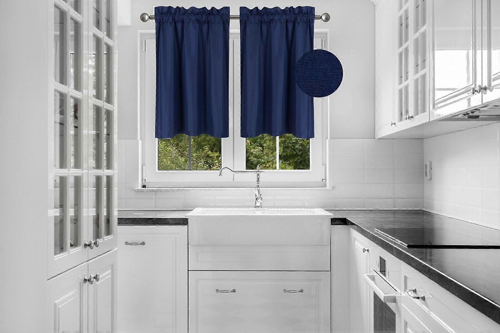 2PCS R16 Navy Solid Tier Curtains, Rod Pocket Kitchen Window Valance, Light Filtering, 30" W x 24" L Each