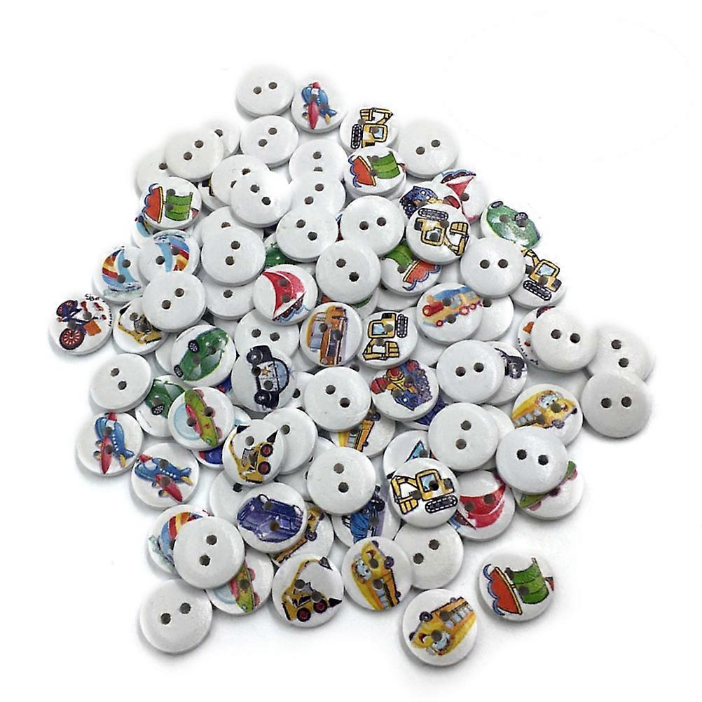Assorted Color Vehicle Printed Wooden Buttons DIY for Clothes Use 100Pcs Round