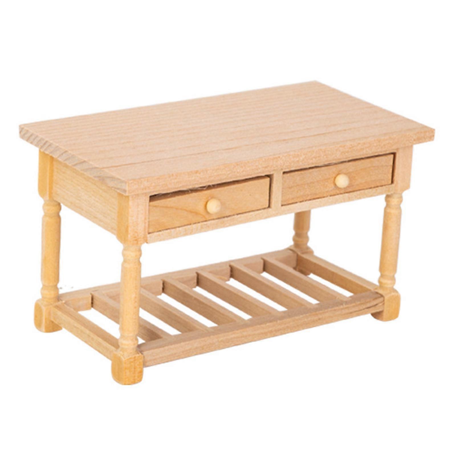 Detailed 1/12 Dollhouses Furniture Wooden Table With Functional Storage Drawer For Miniature Dining Room Setting  Log Color