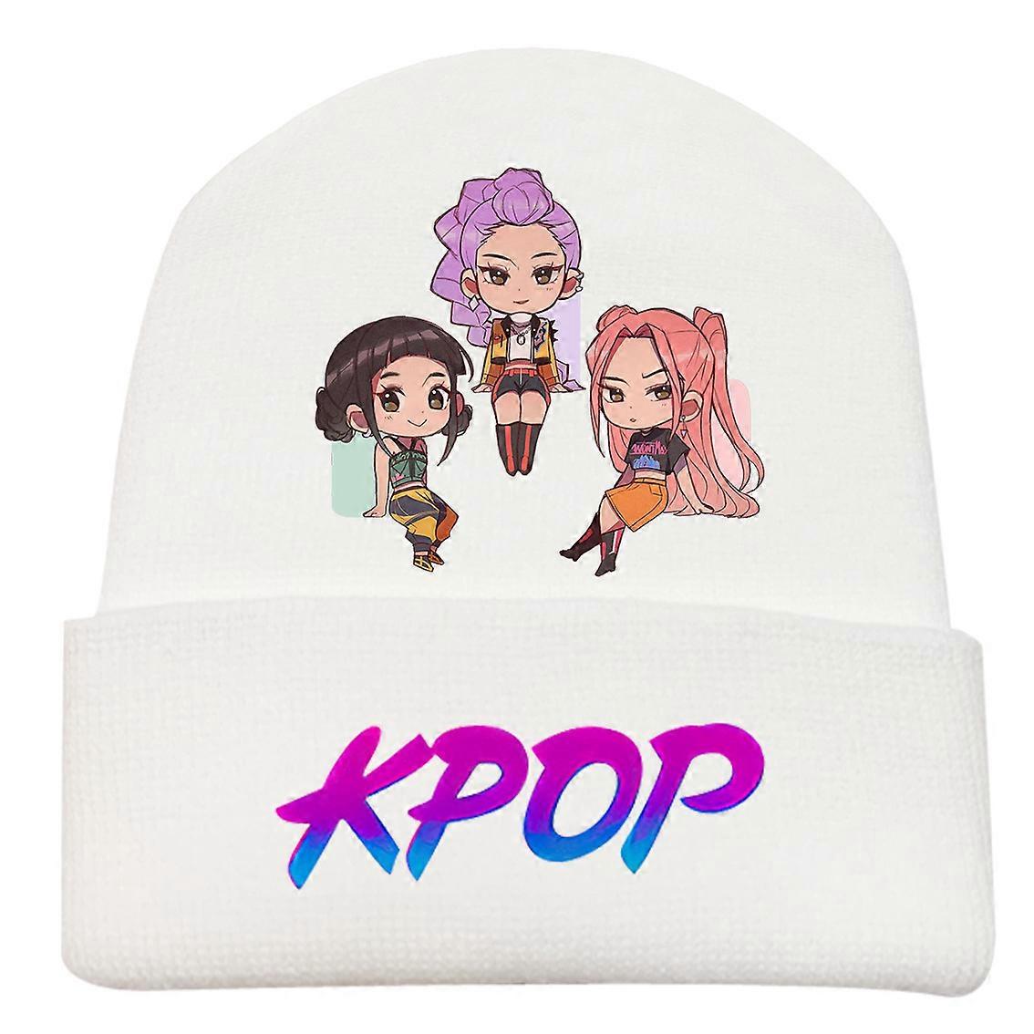 Export Kpop Witch Hunter Group Peripheral Knitted Hats, Children's Rolled-Up Woolen Hats, Printed Bean Hats, Outdoor Cold Hats-White-4
