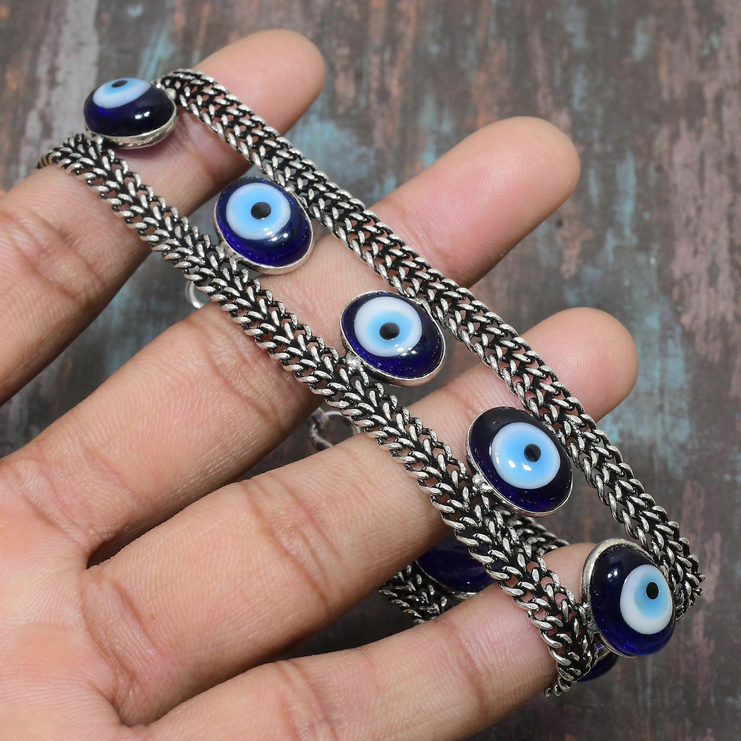 Blue Evil Eye Gemstone 925 Sterling Silver Handmade Charming Bracelet
