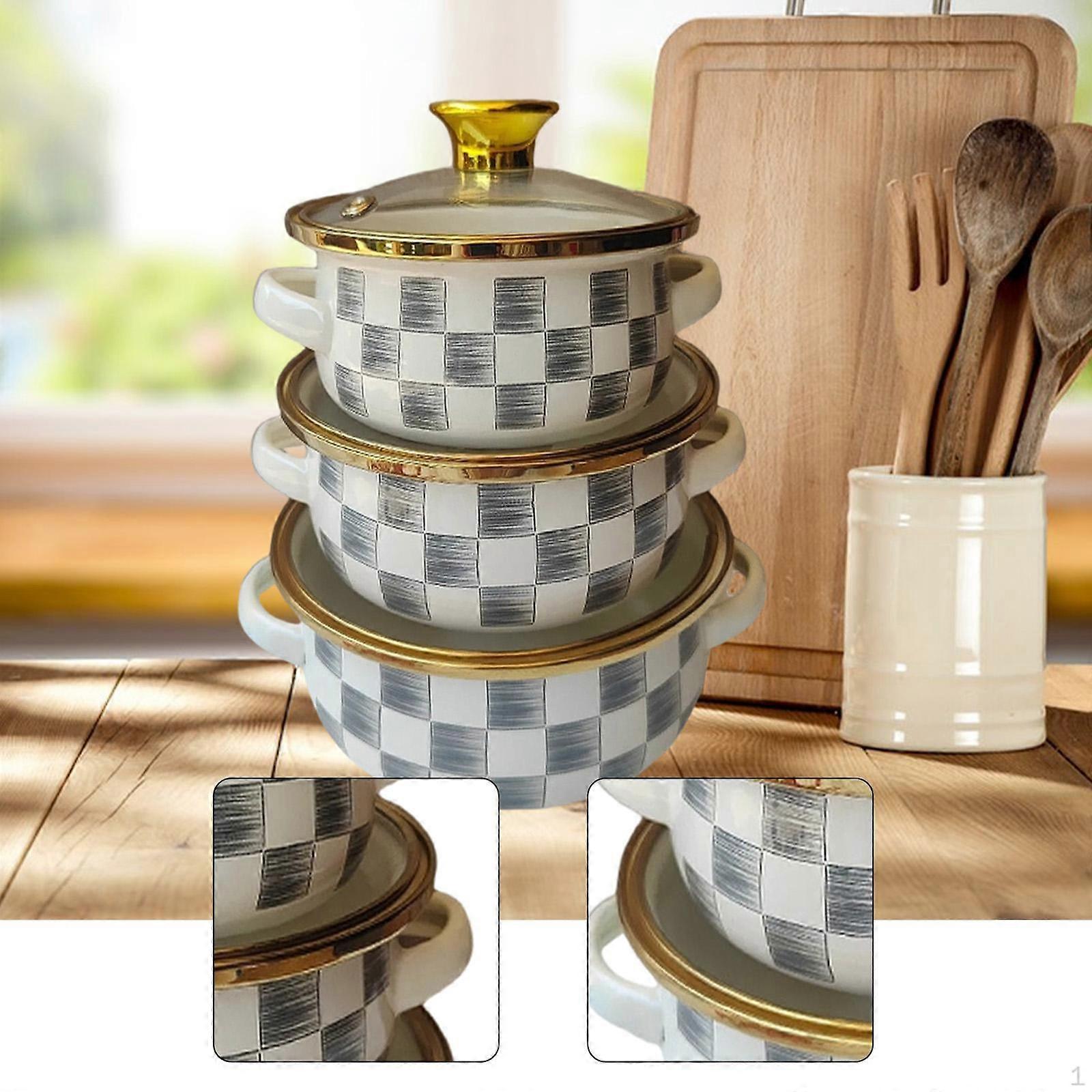 3x Enamel Stockpot Stew Bean Simmer Pot, Nonstick Cookware Dinnerware Portable Flat Bottom Cooking