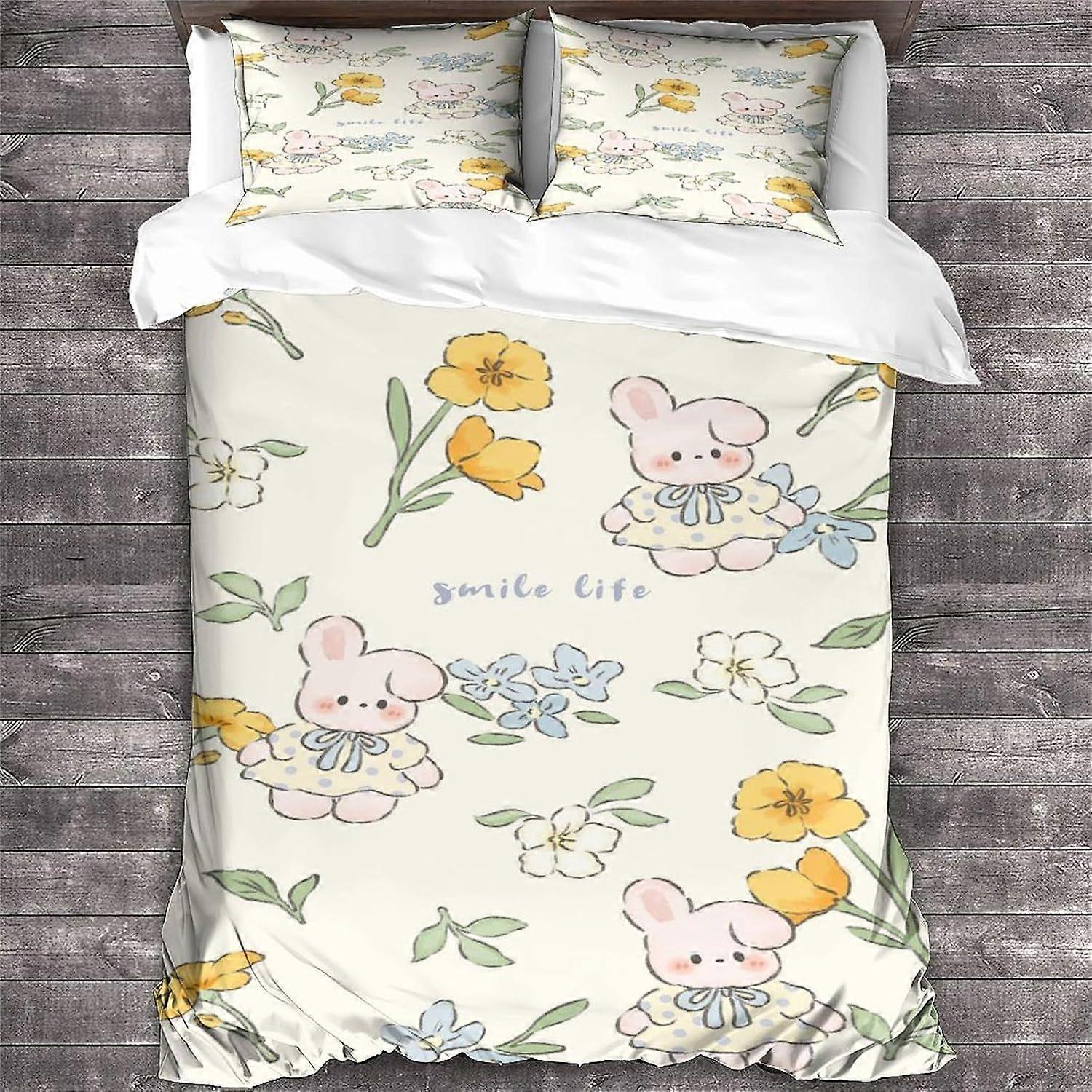 Housse de couette imprimée lapin, parure de lit en microfibre douce avec fermeture éclair, double