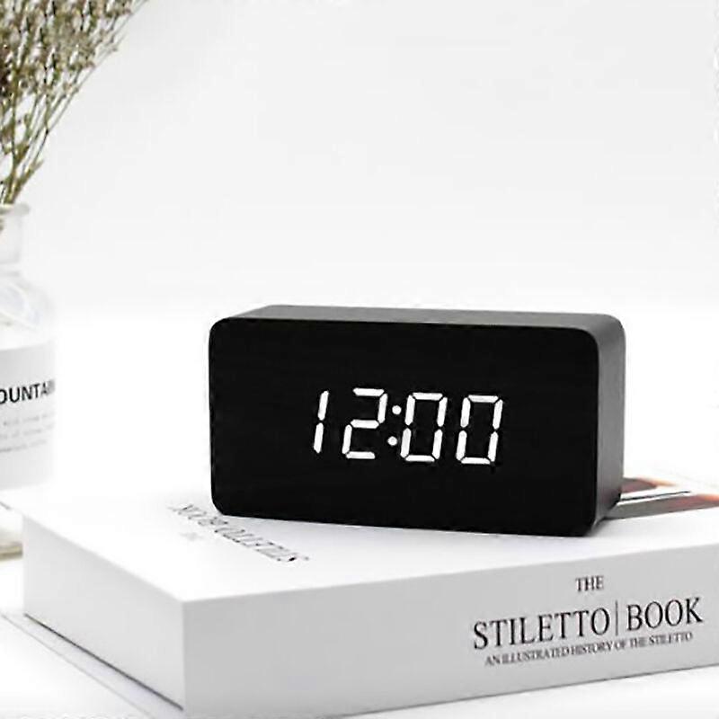 Digital alarm clock in wood, black, adjustable brightness, voice control