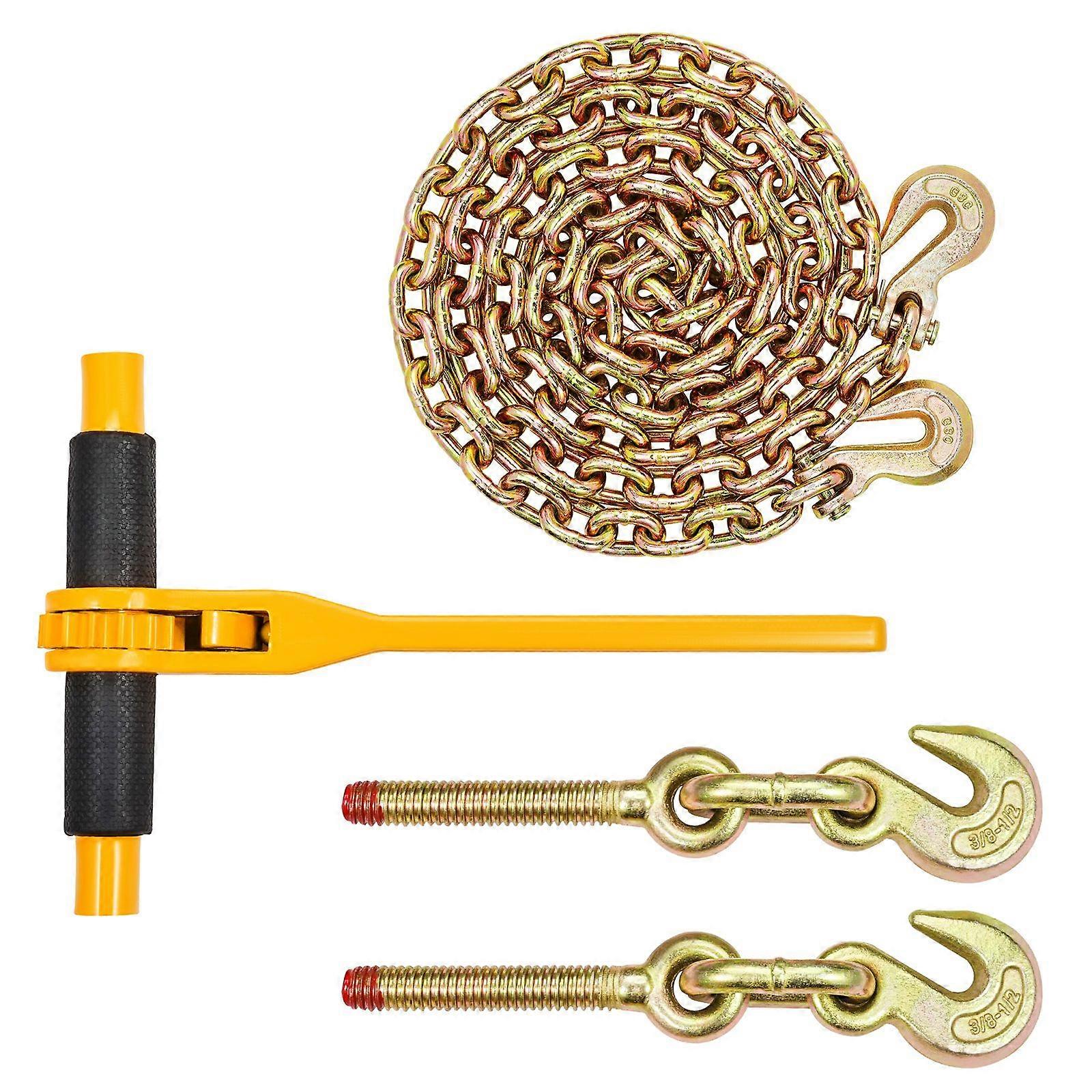 Chain and Binder Kit, 3/8"-1/2" Ratchet Load Binders 9200 lbs Working Load Limit, 3/8" x 10' G80 Chains with Grab Hooks, 2 Set