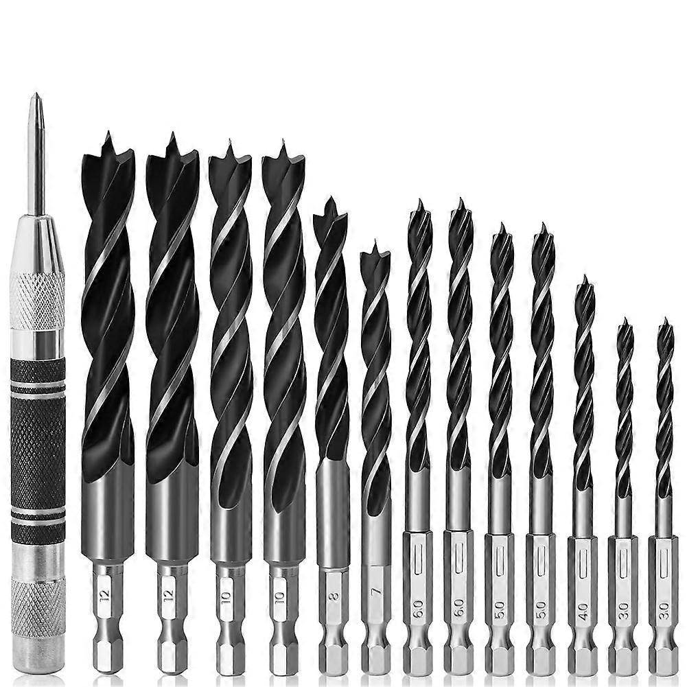 14PCS Brad-Point Wood Drill Bit Set with Center Punch, with Double Flutes Design for Woodworking Carpentry Chipboard