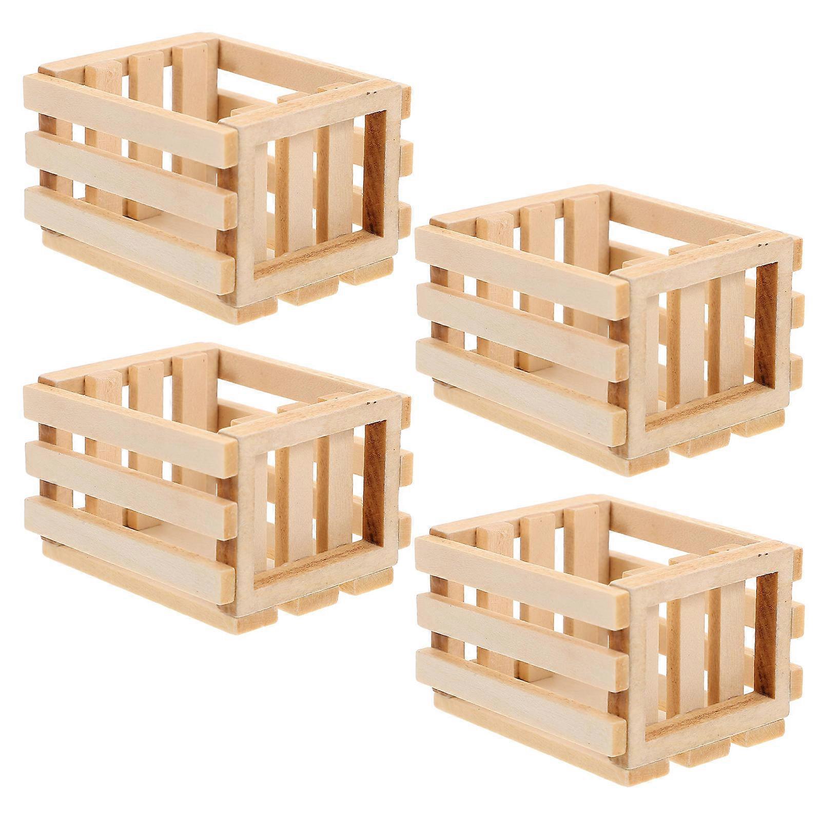 Miniature Storage Crates Mini Basket for Dollhouse 4Pcs Beige Wooden Crates