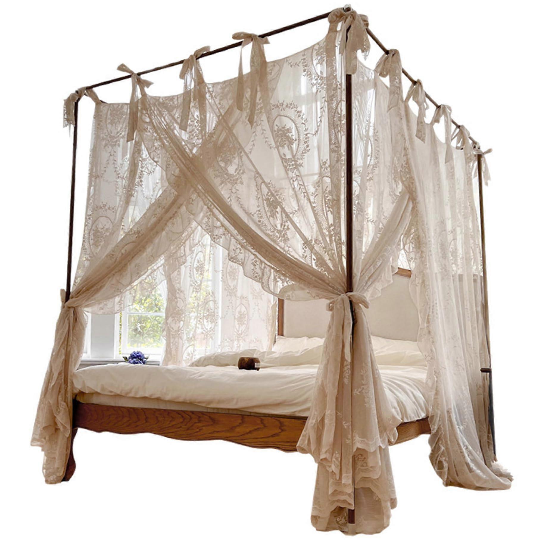 Canopy Bed Curtains with Romantic Lace Mosquito Net, 4 Corner Post Design for Double Bed, Beige