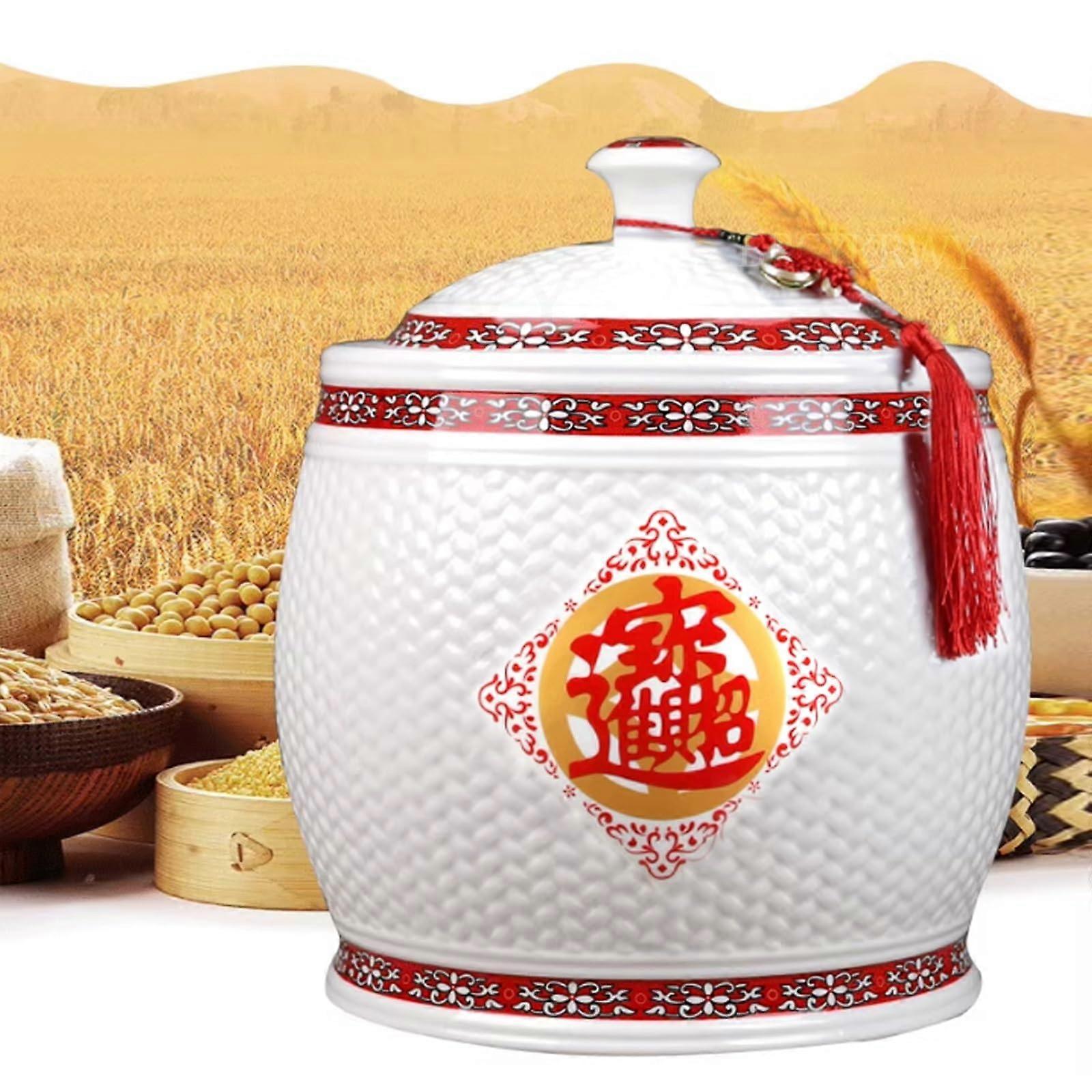 Large Ceramic Rice Storage Container with Airtight Lid, 12kg Capacity Grain and Flour Jar, White
