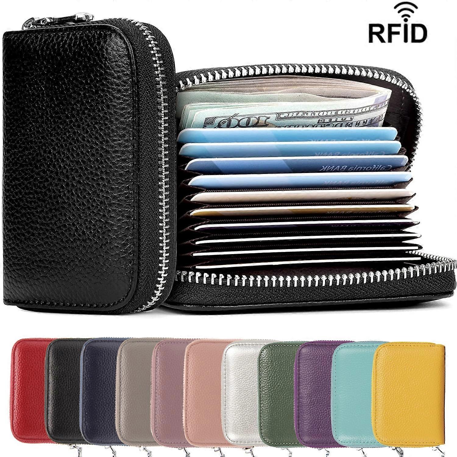 2PCS Genuine Leather Credit Card Holder Wallet RFID Blocking Secure Card Case ID Case Organizer Zipper Wallet