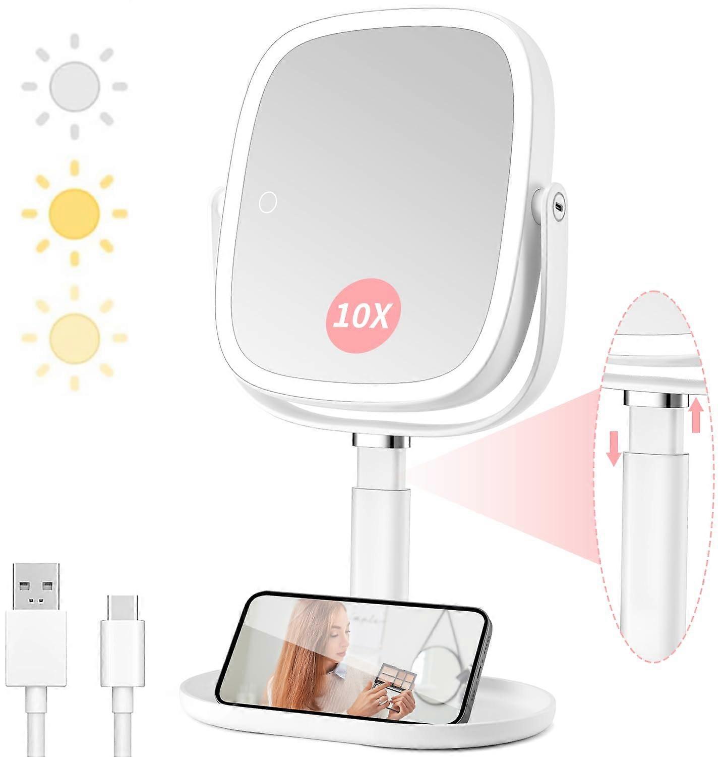 Rechargeable Lighted Makeup Mirror 10x Magnification, Height Adjustable LED Vanity Mirror 360° Rotation