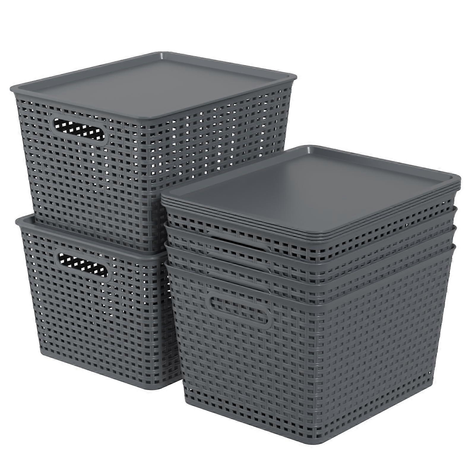 Large Plastic Storage Baskets with Lids, Stackable DustProof Bins with Handles, Grey, 6 Pack