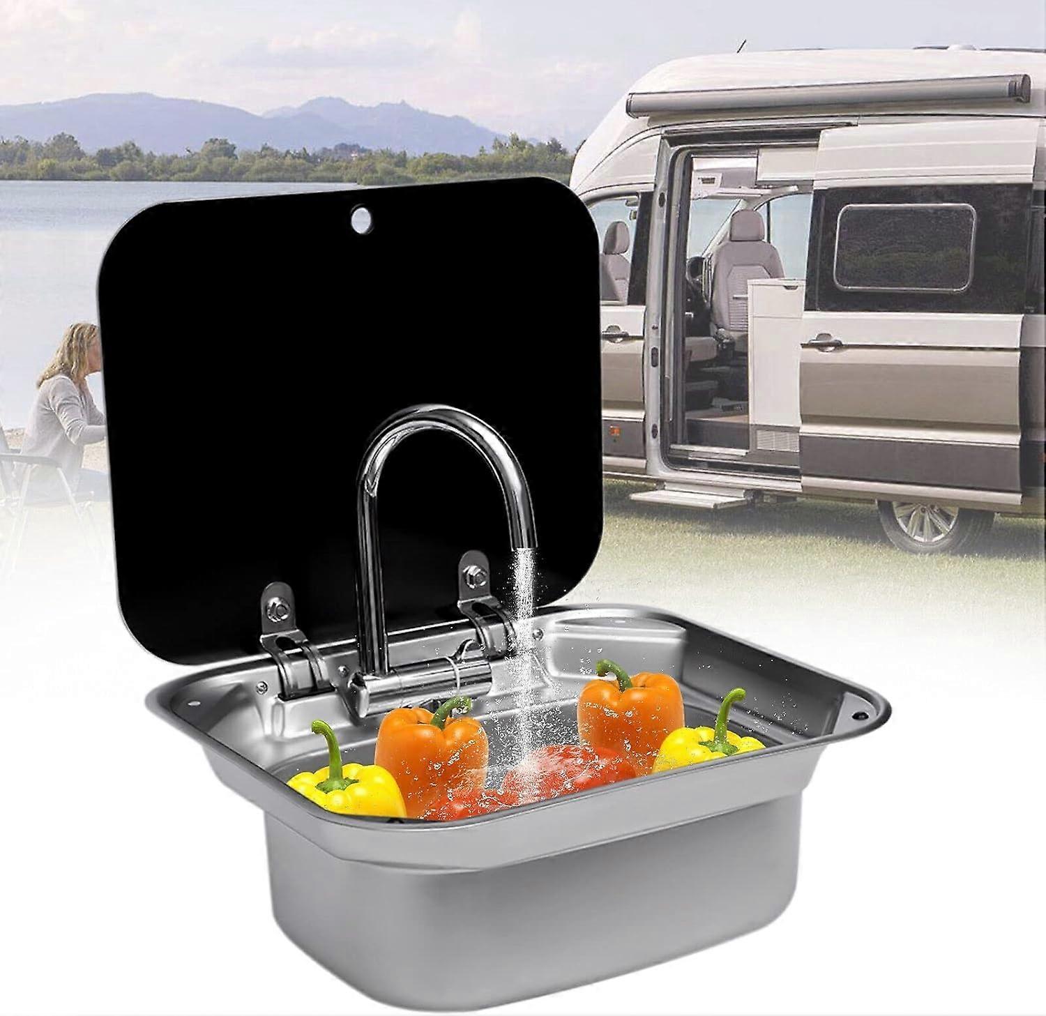 RV Kitchen Sink with Glass Lid and Folding Faucet, Stainless Steel Caravan Basin for Campervan