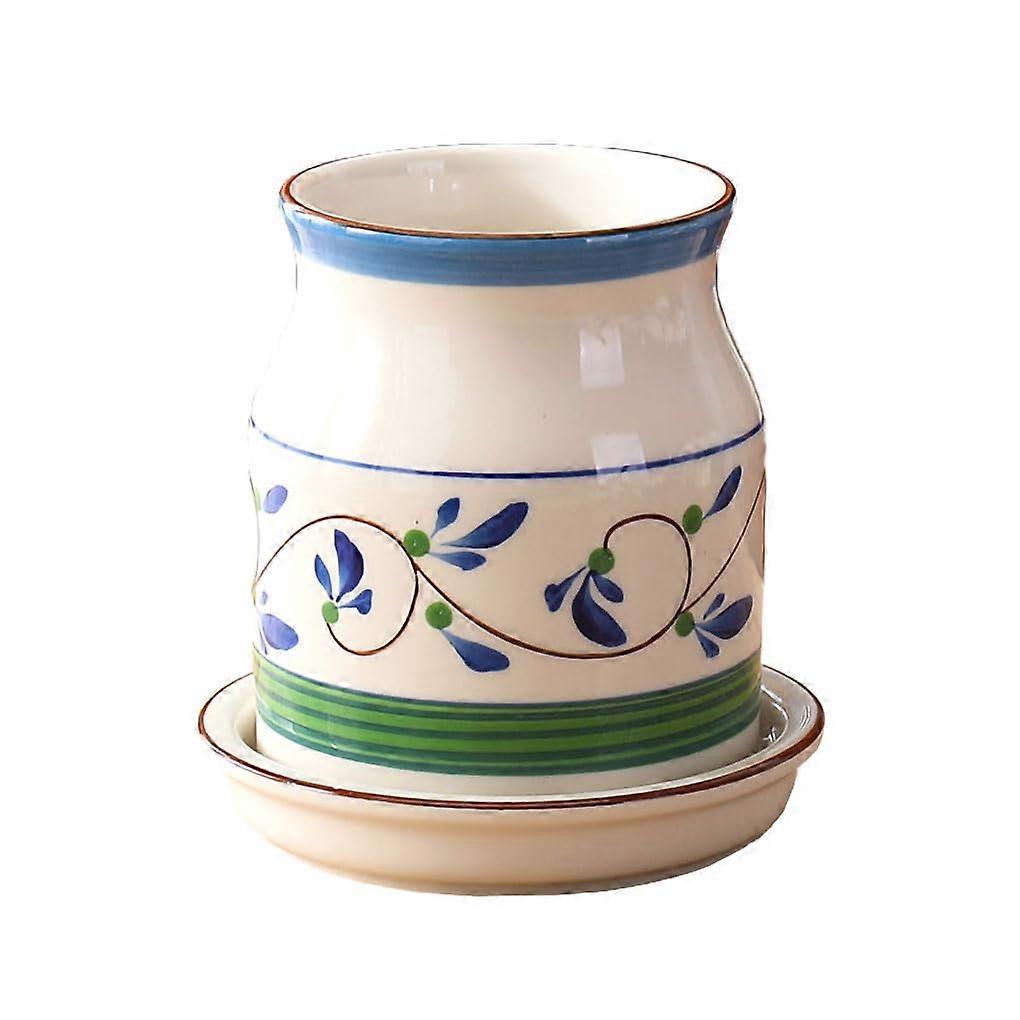 Green Ceramic Utensil Holder with Floral Pattern and Flatware Storage for Kitchen Countertop