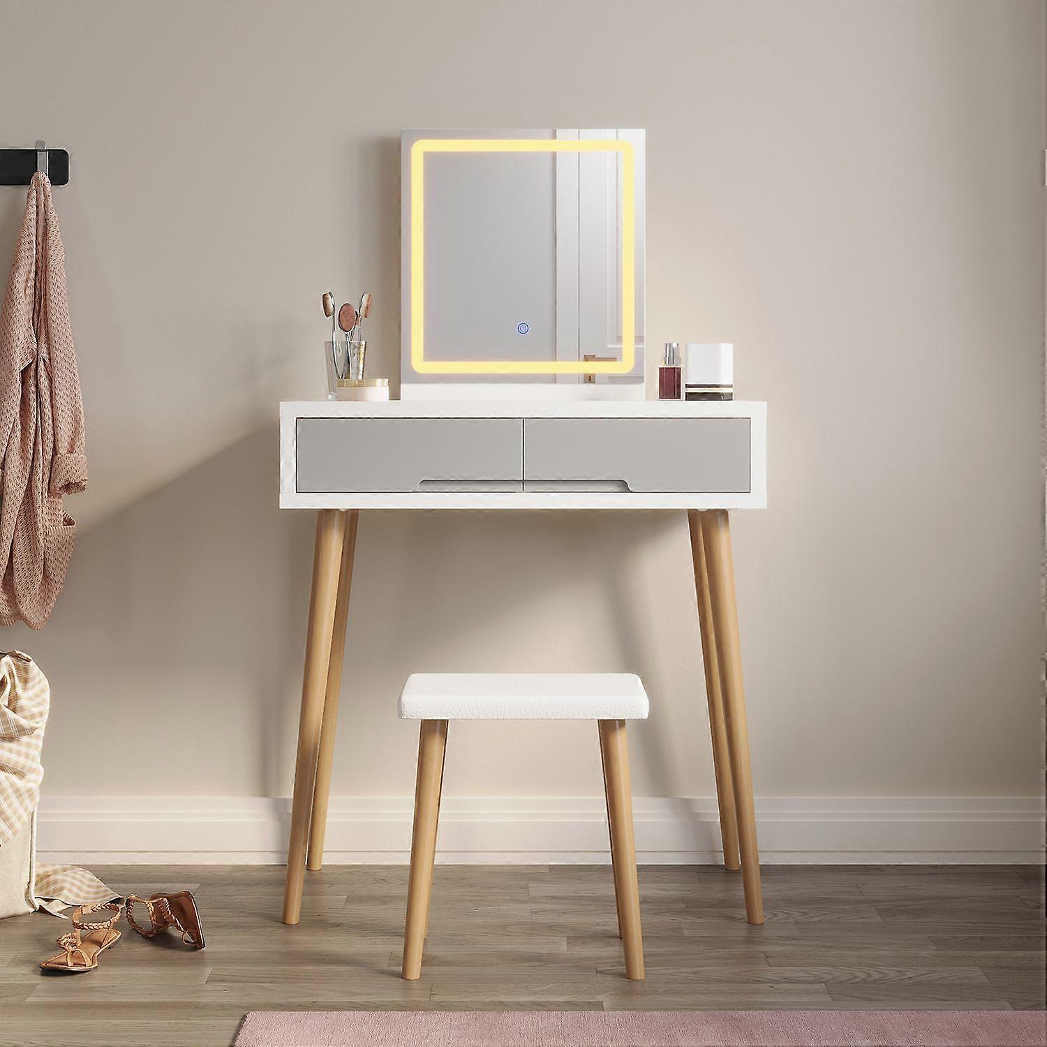 3-Tone Dressing Table Set with LED Mirror & Stool, Touch Control, 80x136x40cm