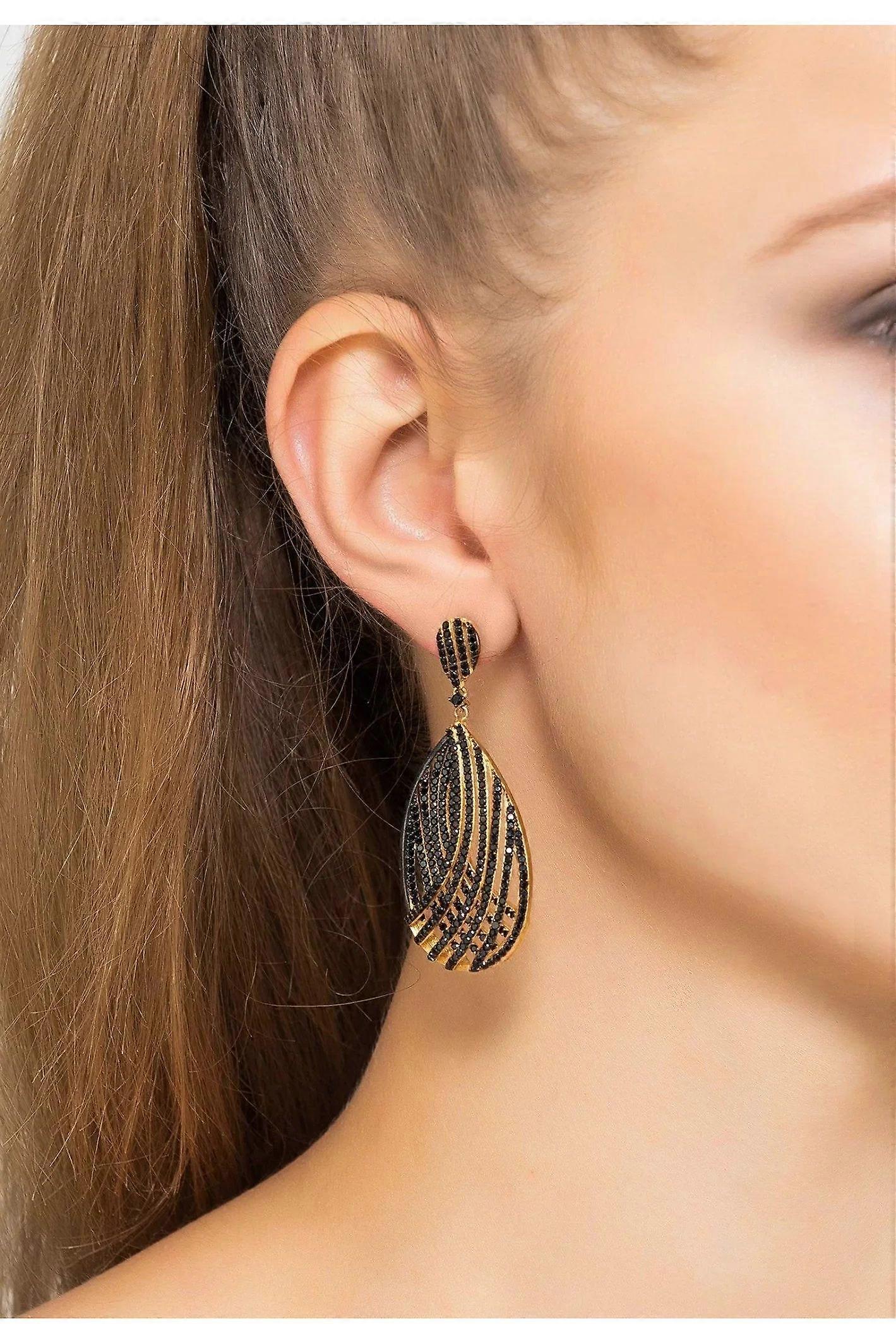 Latelita Women's 925 Sterling Silver Teardrop Earrings with Black Zircon Detailing - 5.5 cm Long