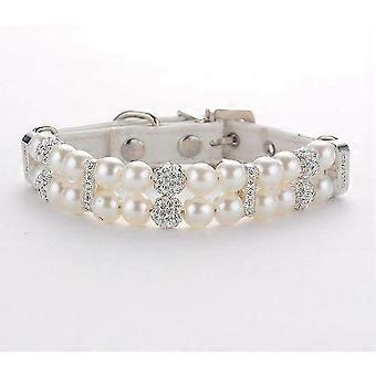 Christmas Rhinestone Beaded Leather Dog Collar Pearls for Puppy Cat Pet Size M 1.5x33cm