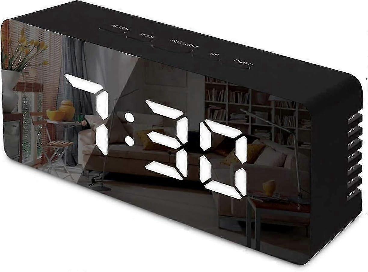 Digital Mirror Alarm, Led Bedside Clock With Temperature,adjustable Brightness Clock-black