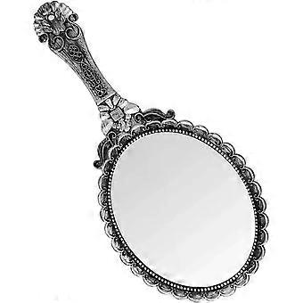 Espelho de maquiagem portátil, estilo vintage, com cabo de vidro e detalhes em prata, fabricado em ABS.