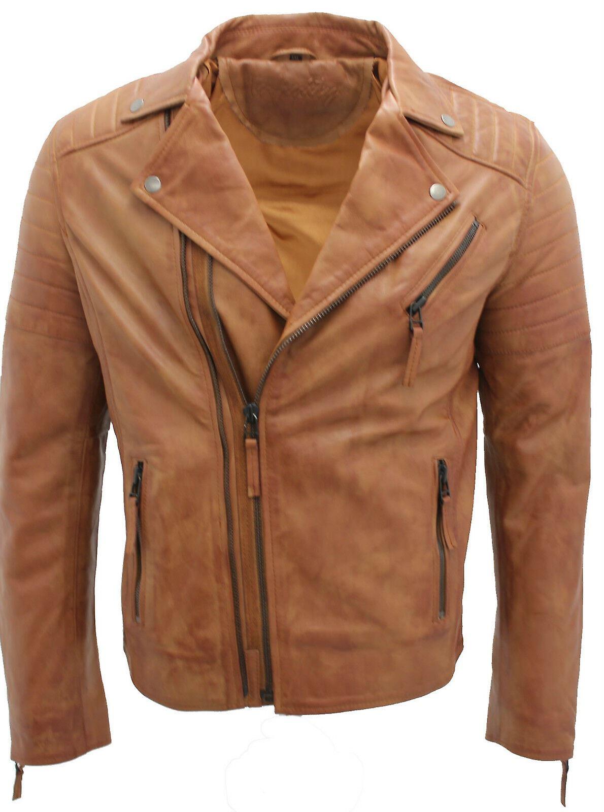 Men's Tan Cross Zip Brando Leather Biker Jacket