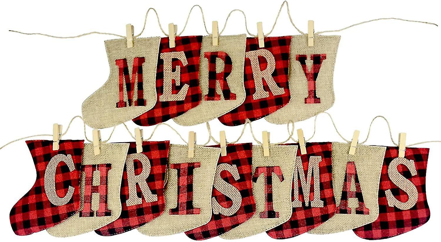 Merry Christmas Banner Plaid Burlap Sock Shape Merry Christmas Unique Small Hand Sewn Decorative Han