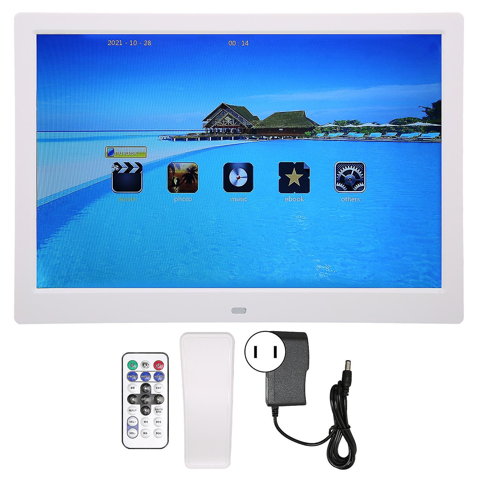 Compact 13-Inch HD Photo Frame with Remote, Calendar & 110-240V Plug in White